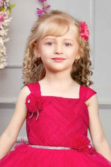 Rani Pink Sleeveless Stone Work And Floral Embellished Tail Back Frock For Girls