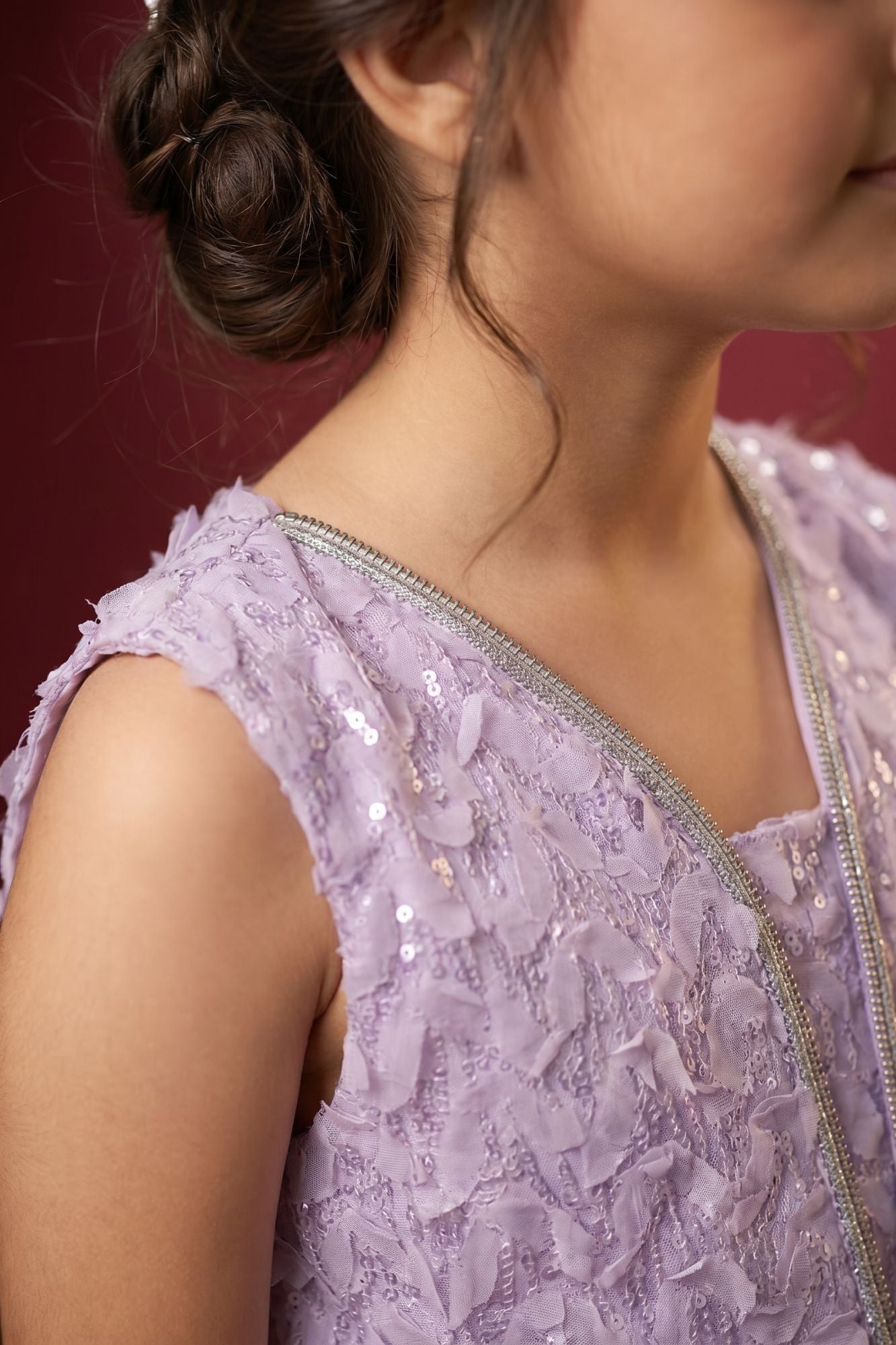 Girls Lavender Sequins Embellished Mermaid Gown with Textured Lace Detailing