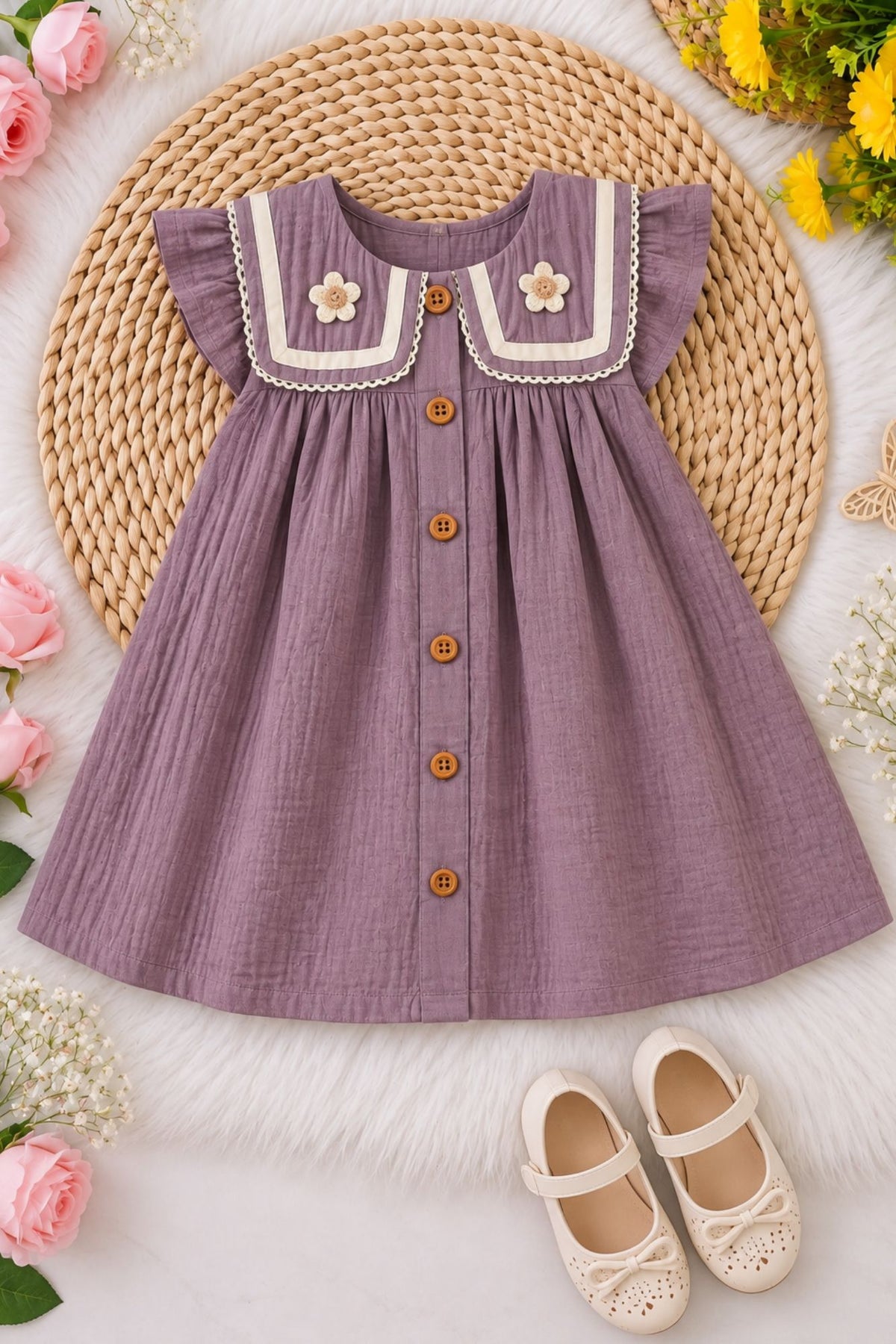 Girls Onion Pink Crochet Flower Sailor Collar Dress