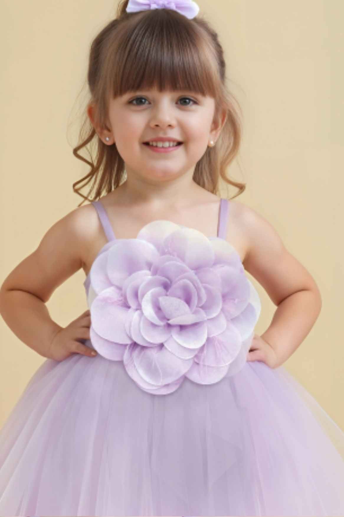 Lavender Floral Embellished Party Wear Frock For Girls