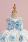 White & Sky Blue Butterfly Bow Party Wear Dress for Girls