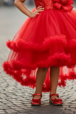 Red One-Shoulder Sequin Party Frock with Layered Tulle For Girls