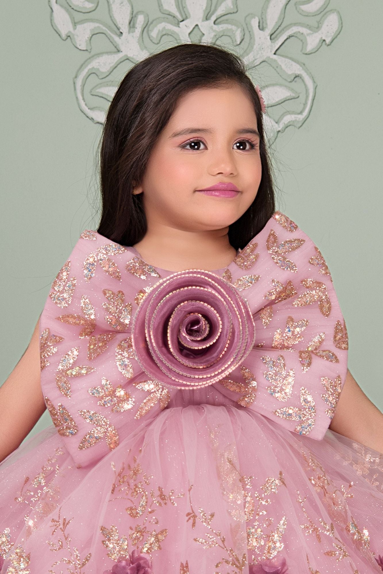 Blush Pink Glitter Party Frock with 3D Floral Bow For Girls