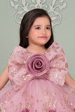 Blush Pink Glitter Party Frock with 3D Floral Bow For Girls