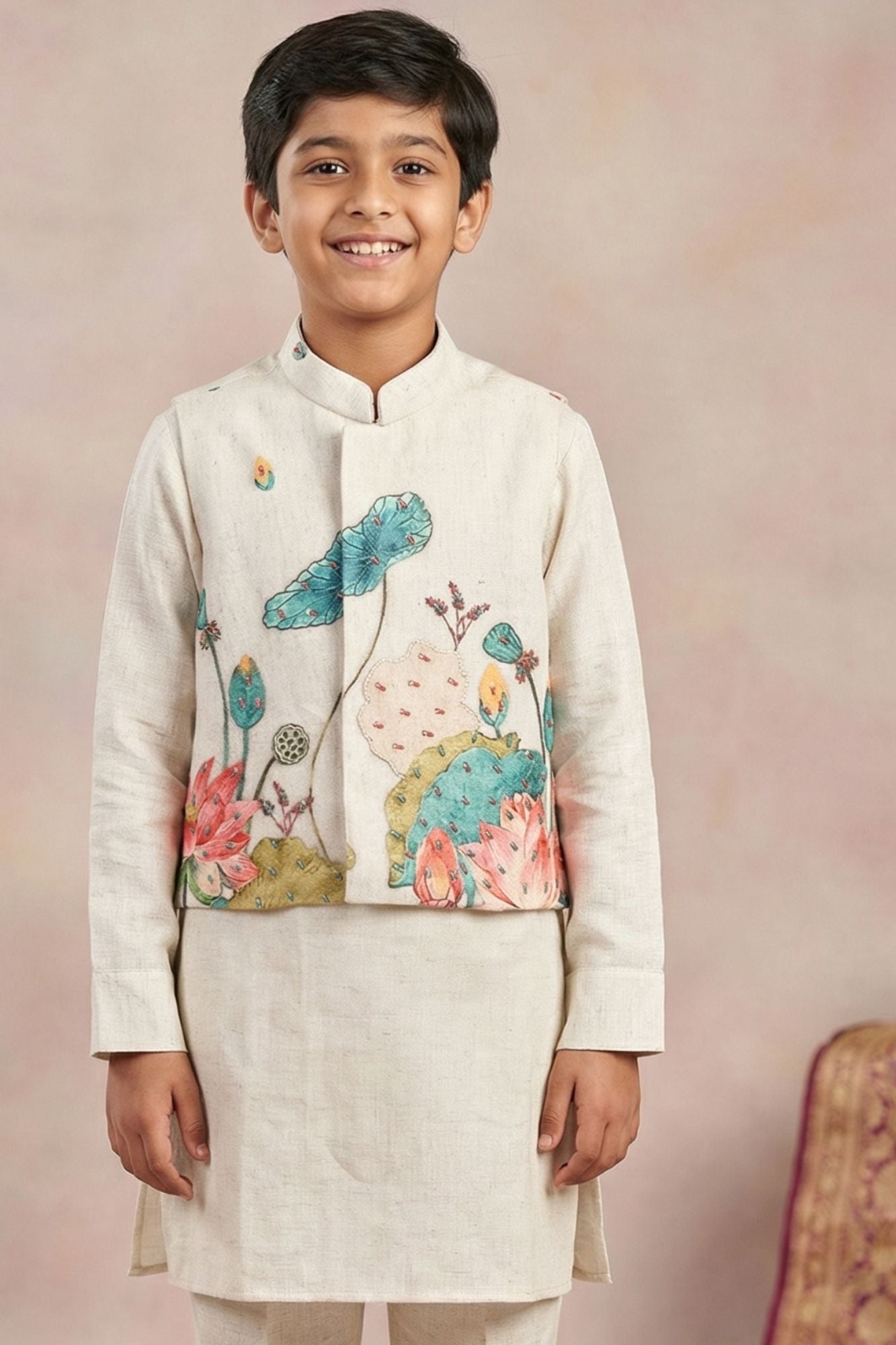 Beige Kurta Set With Floral Printed Nehru Jacket For Boys