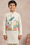Beige Kurta Set With Floral Printed Nehru Jacket For Boys