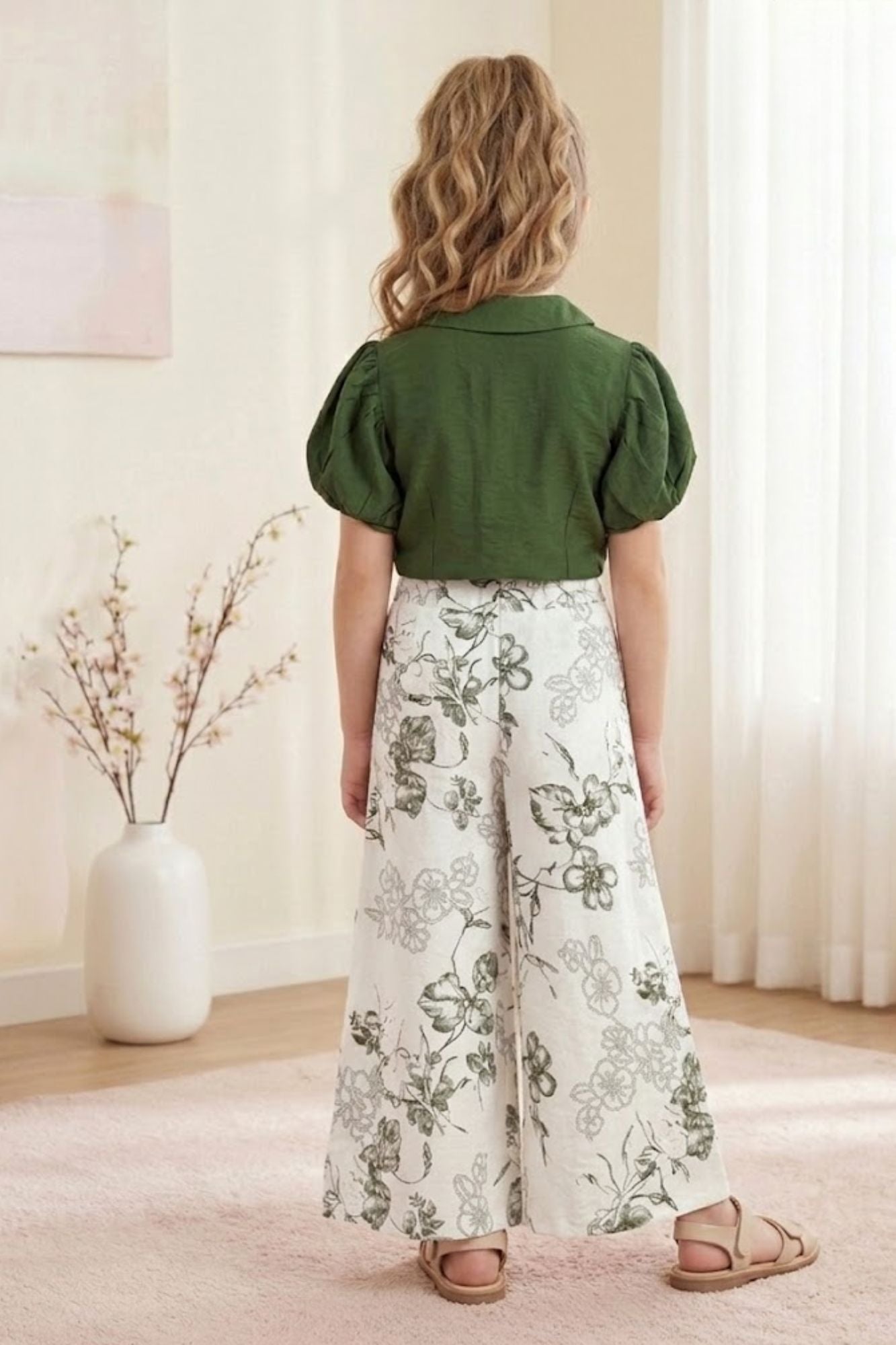 Girls Forest Green Puff Sleeve Top with Printed Palazzo Pants
