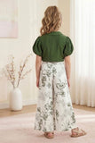 Girls Forest Green Puff Sleeve Top with Printed Palazzo Pants