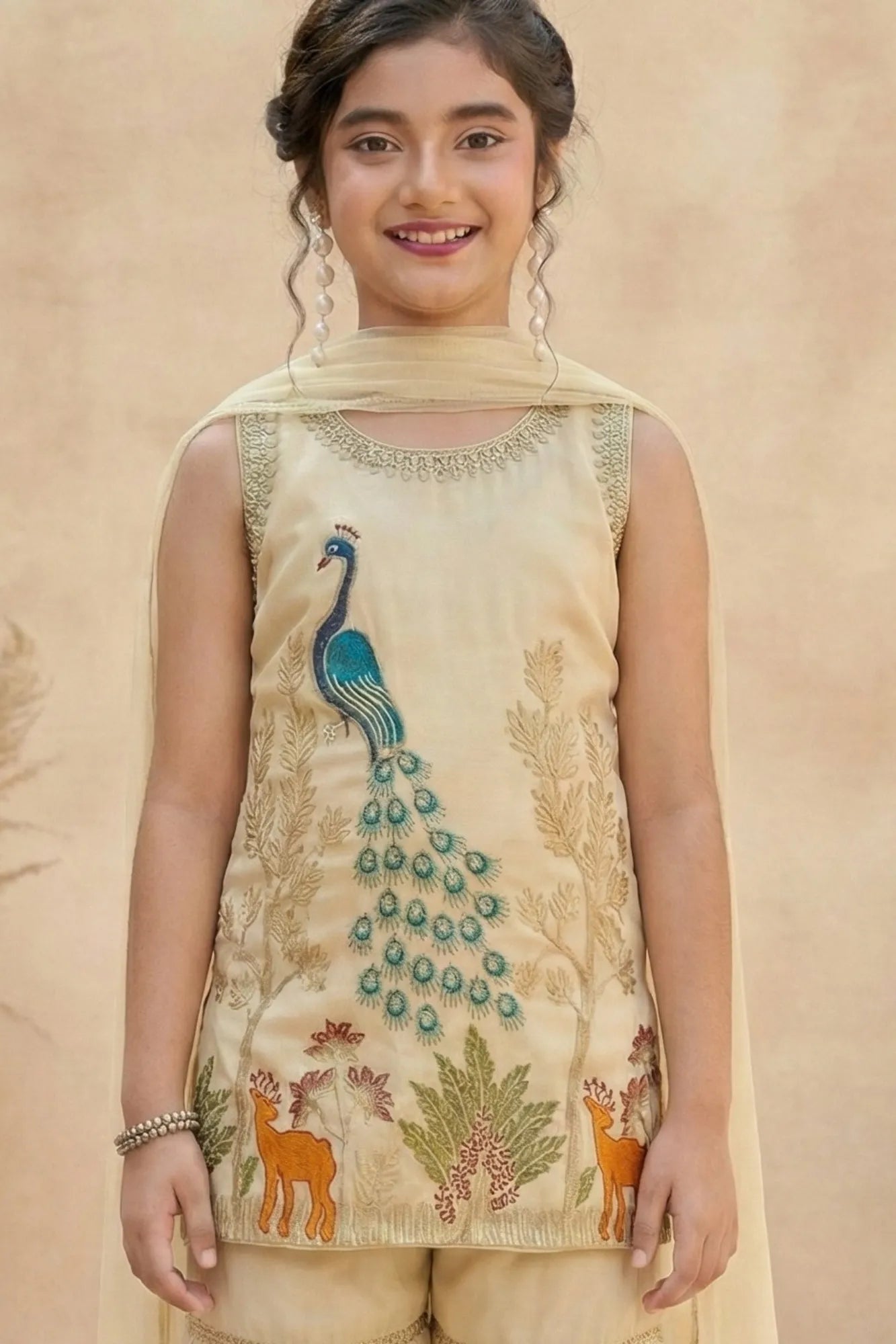 Cream Peacock Embroidered Sharara Set with Dupatta For Girls