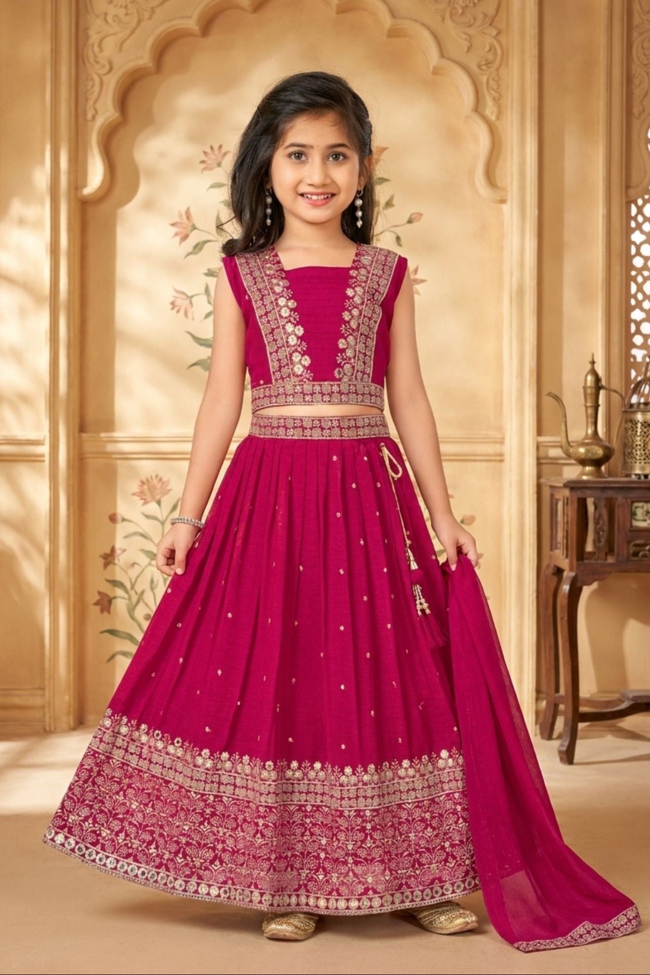 Girls Rani Pink Embroidered Lehenga Choli with Dupatta