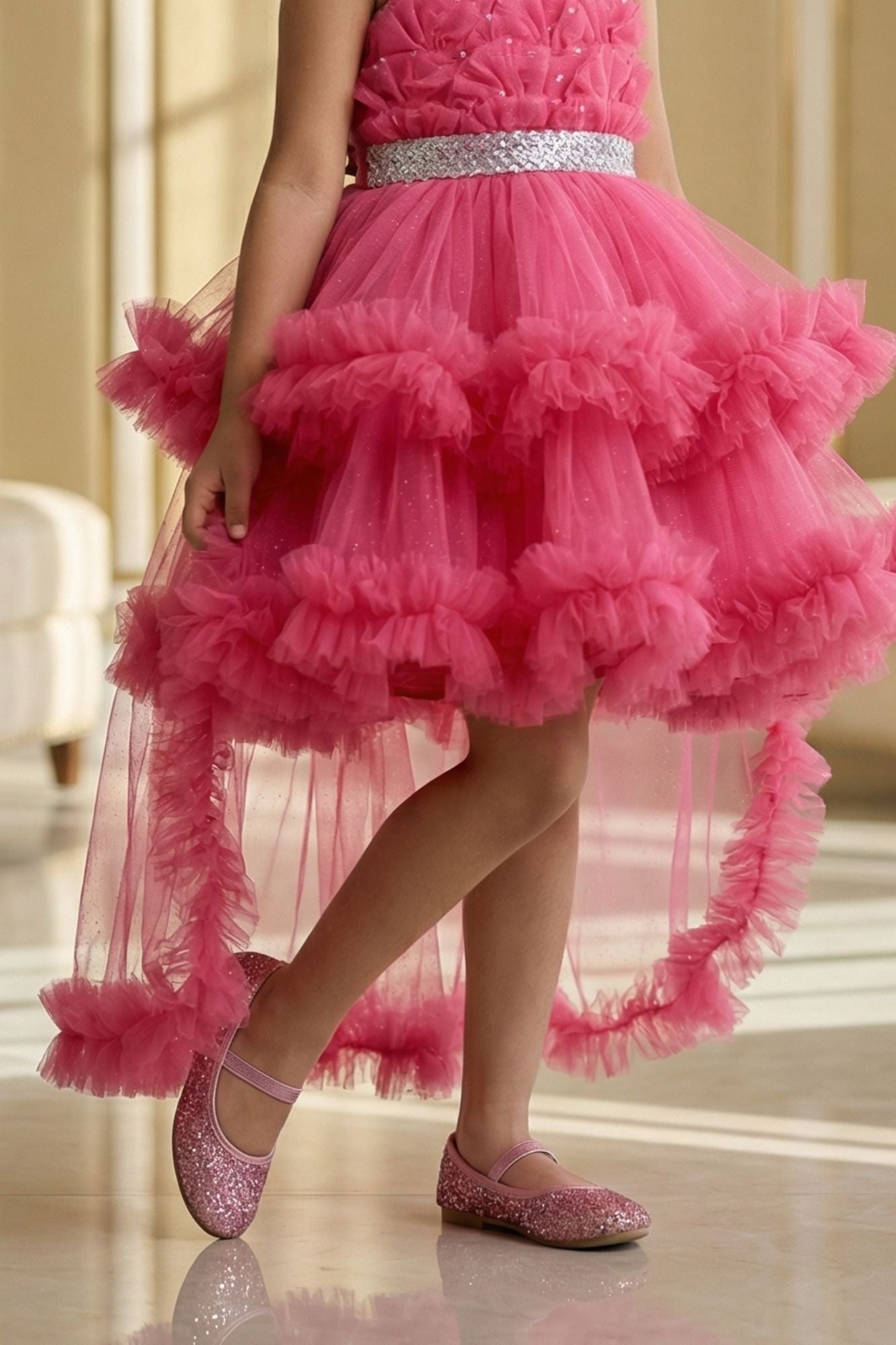 Girls Pink High-Low Party Frock with Ruffled Layers And Embellished Waistbelt