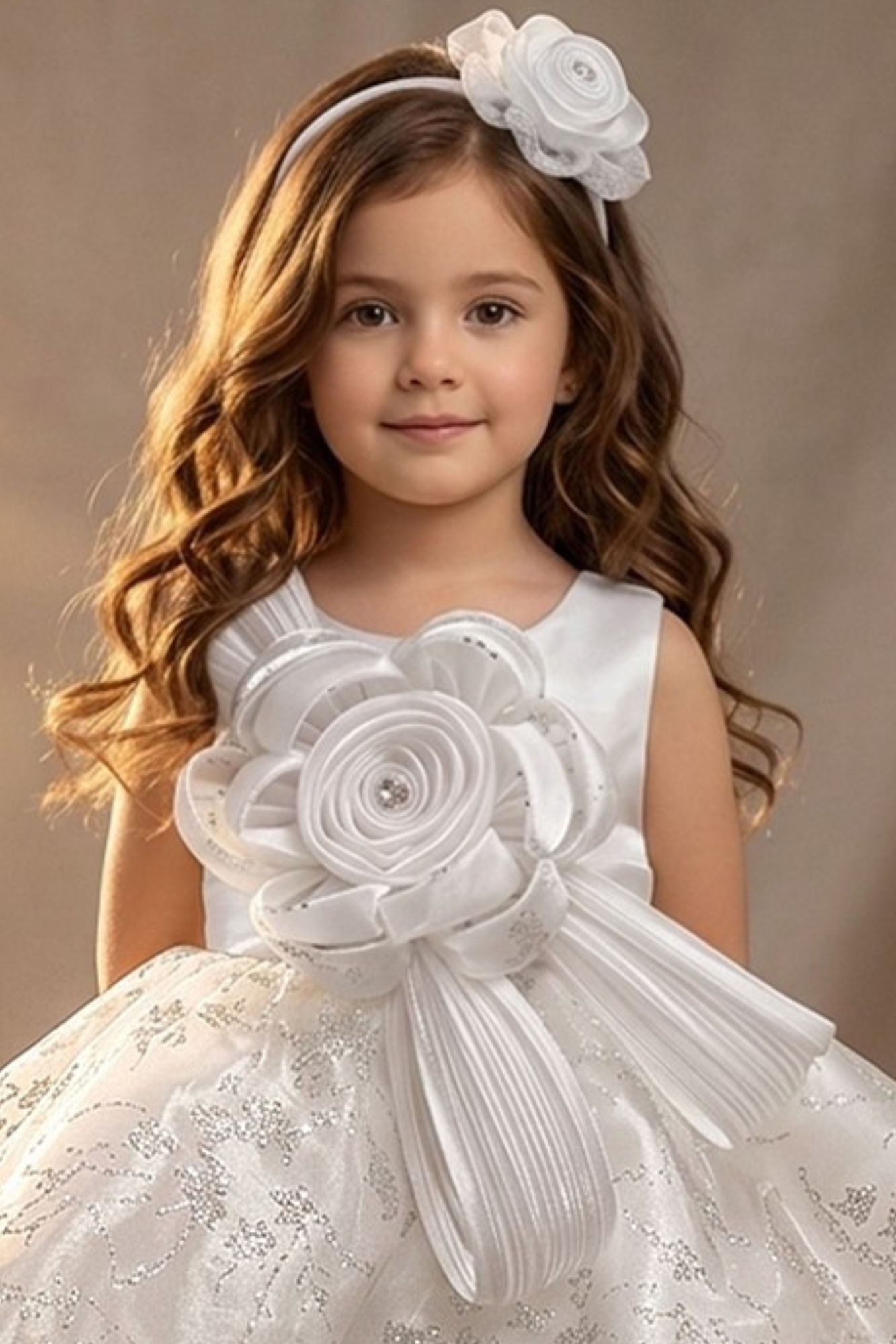 Girls White 3D Floral Party Dress