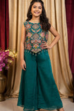 Teal Green Embroidered Palazzo Set For Girls