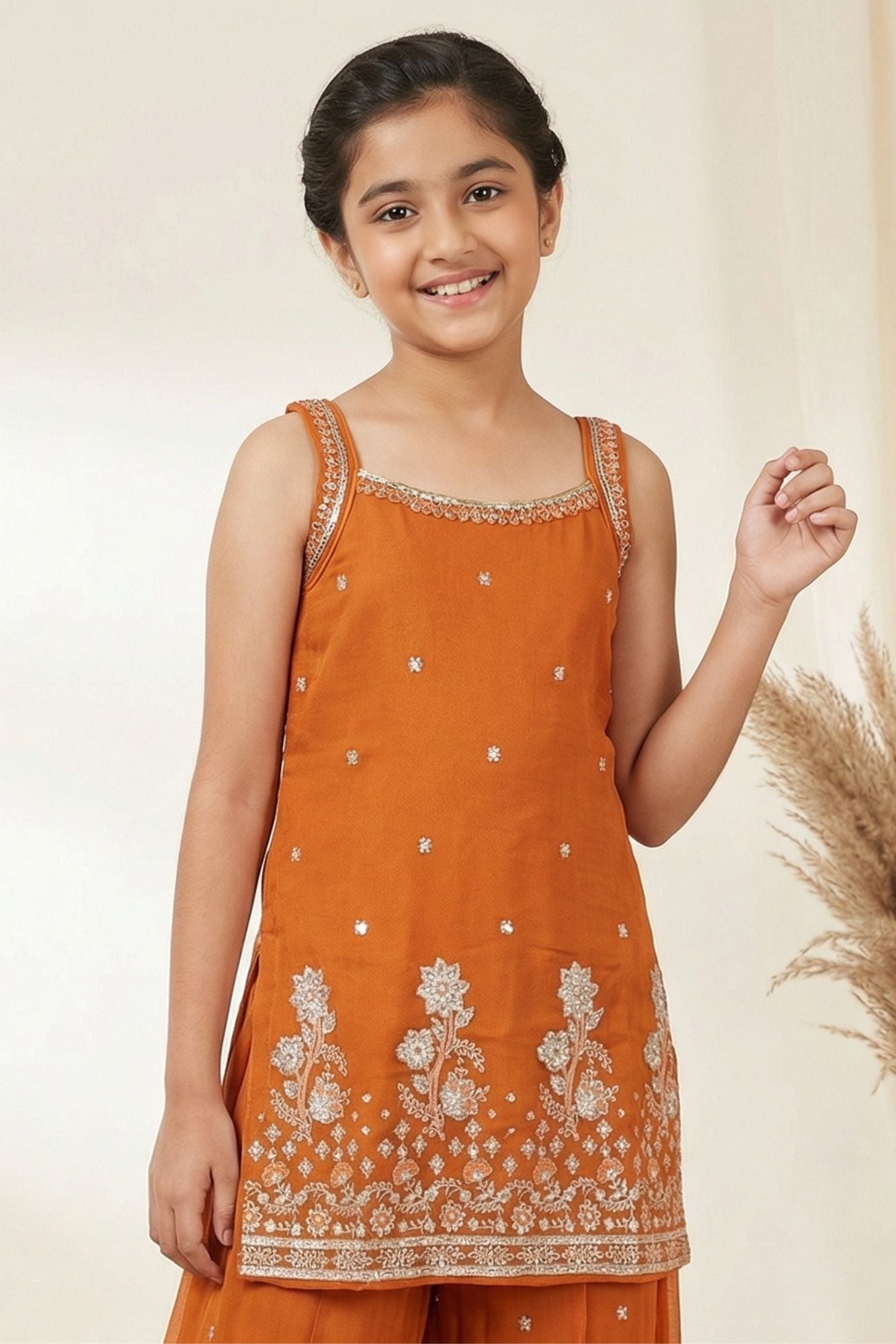 Rust Orange Embroidered Kurta with Palazzo Set for Girls