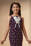 Wine and Silver Leaf Sequin Party Wear Gown With 3D Bow Appliqué For Girls