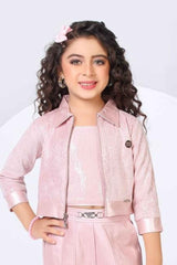 Pink Sequins Worked Co Ord Sets With Overcoat For Girls