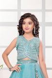 Aqua Blue Mirror Work Embroidered Lehenga Choli For Girls