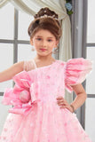 Blush Pink One-Shoulder Bow Embroidered Party Gown for Girls