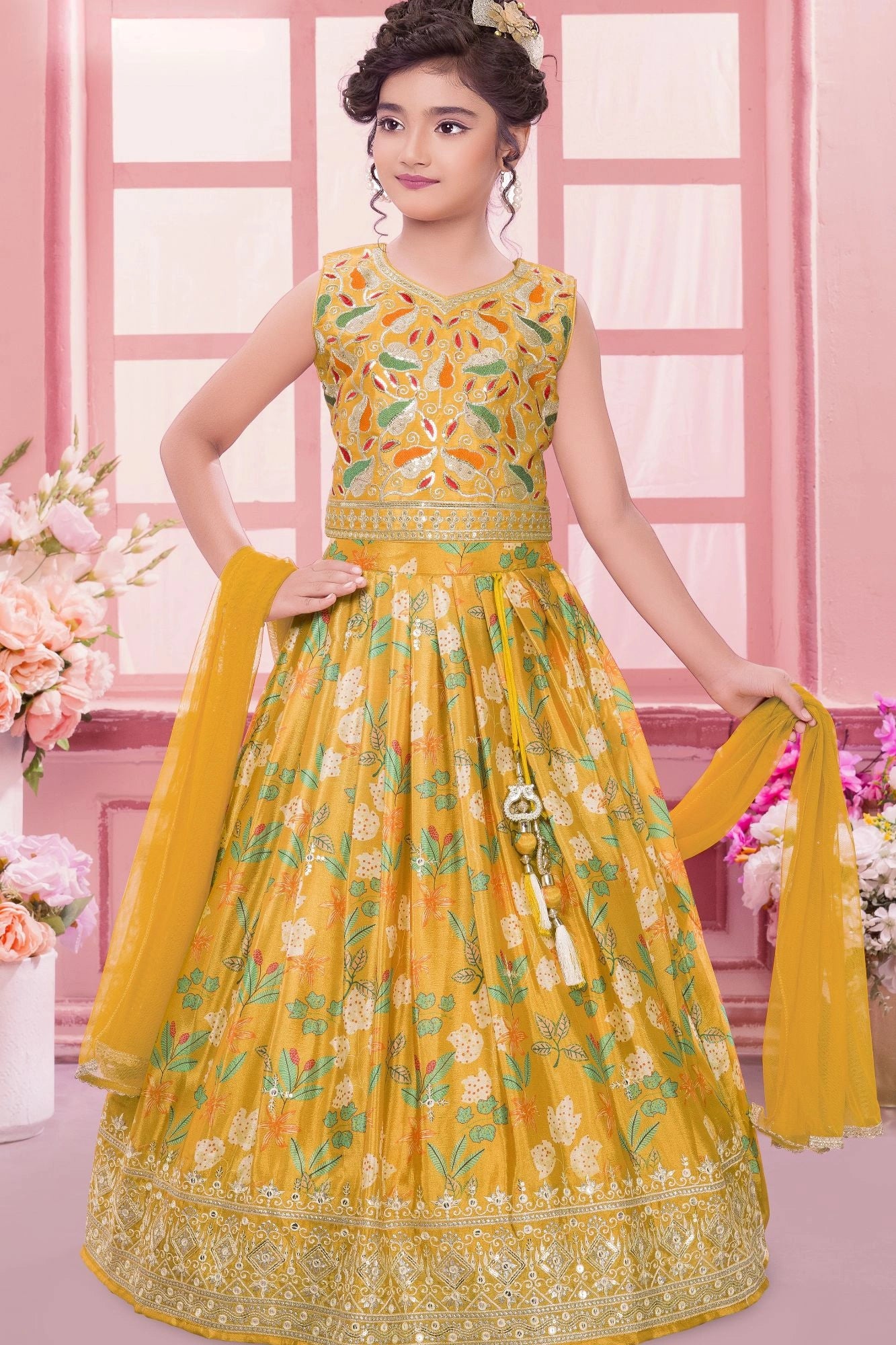 Mustard Yellow Embroidered Silk Lehenga Choli with Dupatta For Girls