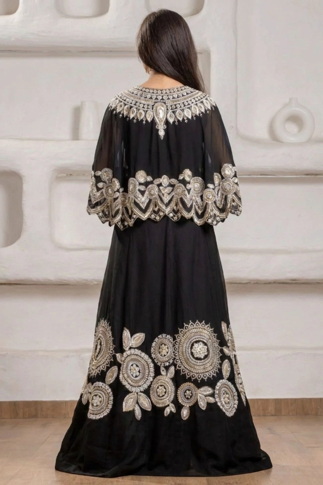 Designer Black Lehenga Choli with Embroidered Cape For Girls
