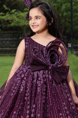 Wine Gown With Bow Embellished And Shimmer Printed For Girls