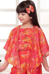 Multicolor Sequined Top And Palazzo Set With Overcoat For Girls