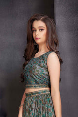 Teal Green Lehenga Choli Set With Printed And Sequin Work For Girls