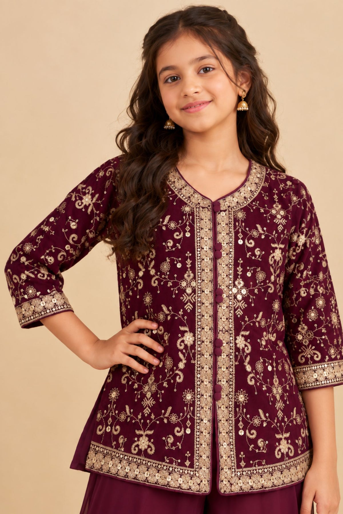 Girls Wine Sequin Embroidered Palazzo Set with Dupatta