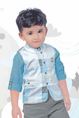 Blue Shirt And Grey Pant With Checked Overcoat Set For Boys