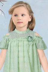 Pista Green Dress With Cold Shoulder Sleeves For Girls