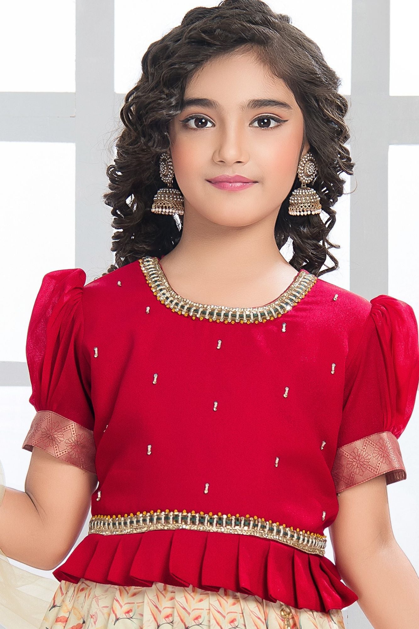 Girls Red Pattu Pavadai Set with Beige Floral Skirt With Zari Border