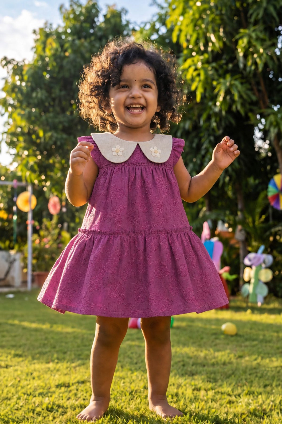 Adorable Girls Mauve Leaf Print Dress with Contrast Peter Pan Collar