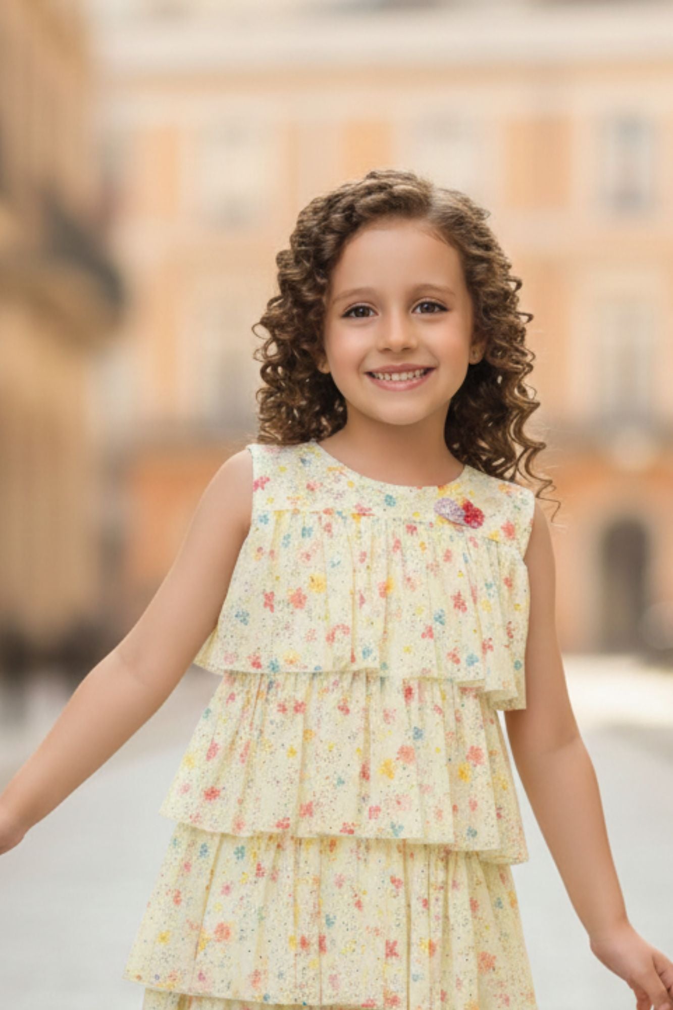Yellow Floral Printed Multi Tiered Ruffle Dress For Girls