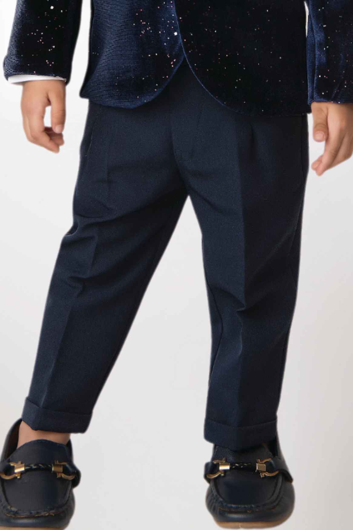 White Shirt With Navy Blue Blazer And Pant Set For Boys