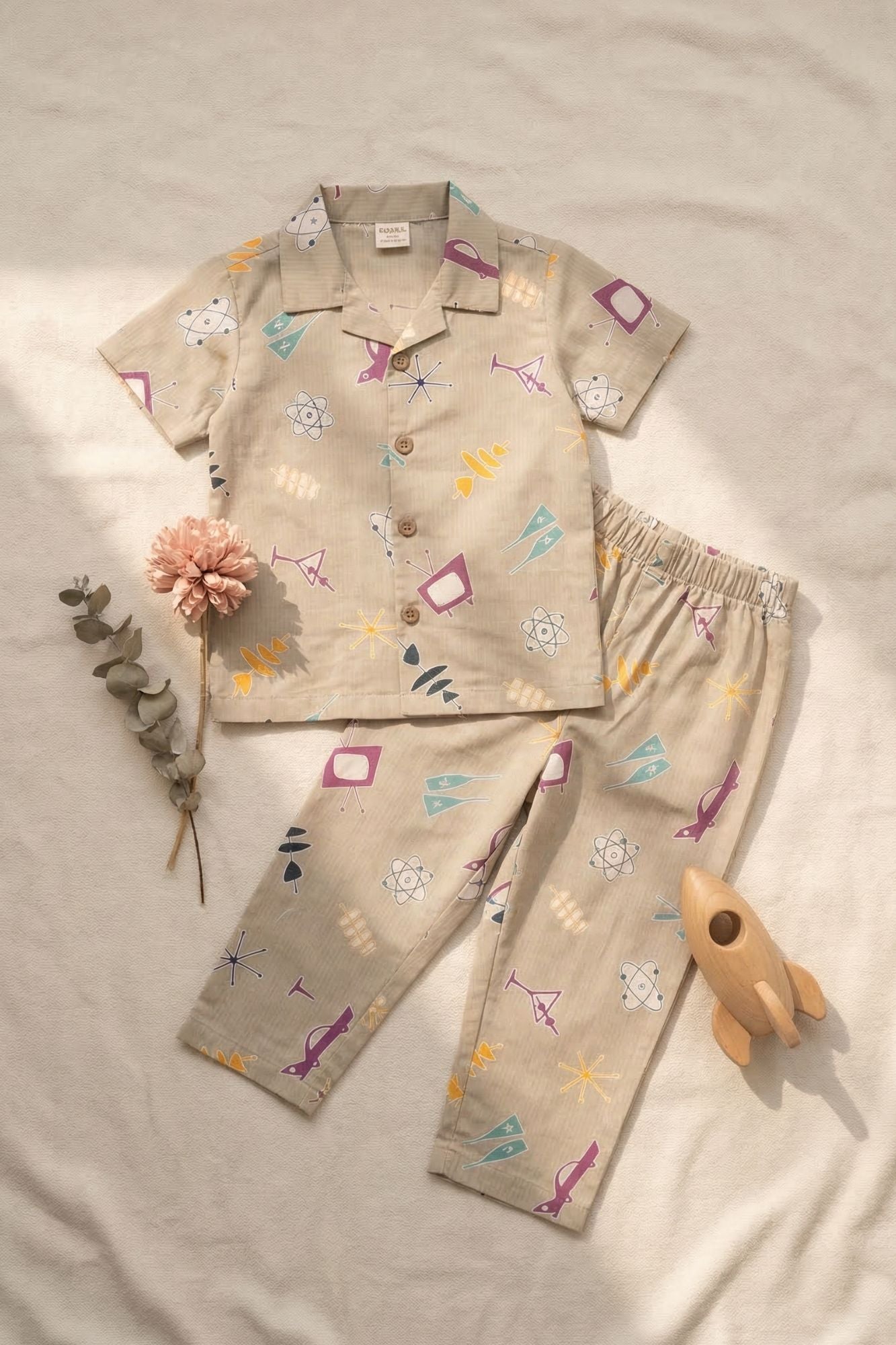 Beige Printed Night Suit Set For Boys