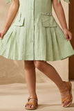 Girls Pista Green Fit And Flare Shirt Collar Casual Dress with Tie-Up Sleeves