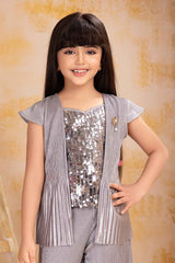 Silver Sequins Work Party Wear Palazzo Set With Overcoat For Girls