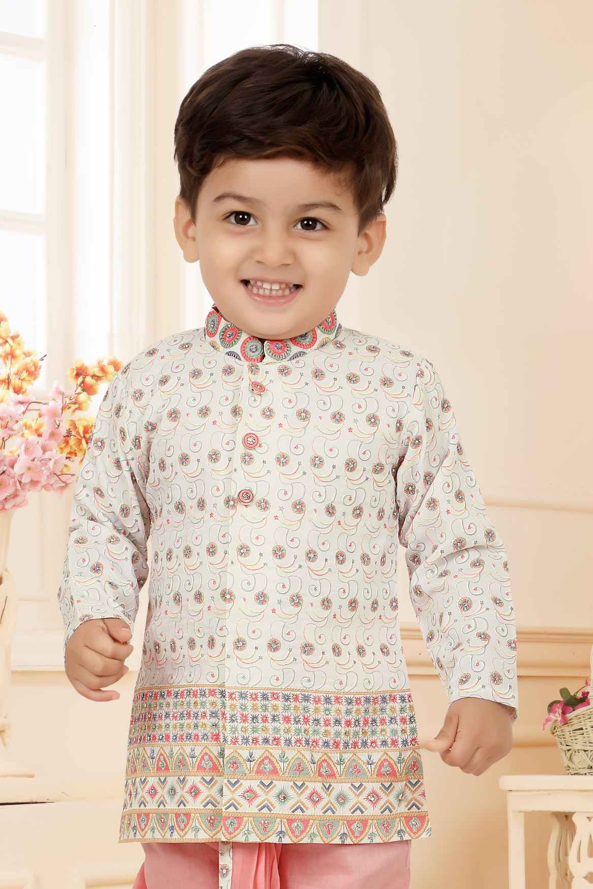 Multicolor Printed And Embroidery Full Sleeves Kurta With Pink Dhoti Set For Boys