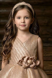 Girls Champagne Gold Party Wear Gown With Layered Ruffles