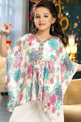 Cream Kaftan Sleeves Top With Floral Print And Sequin Palazzo Set For Girls