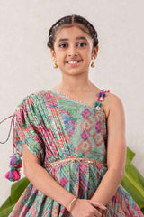 Yellow Sequins Work And Zari Embroidered Gown With Floral Printed For Girls