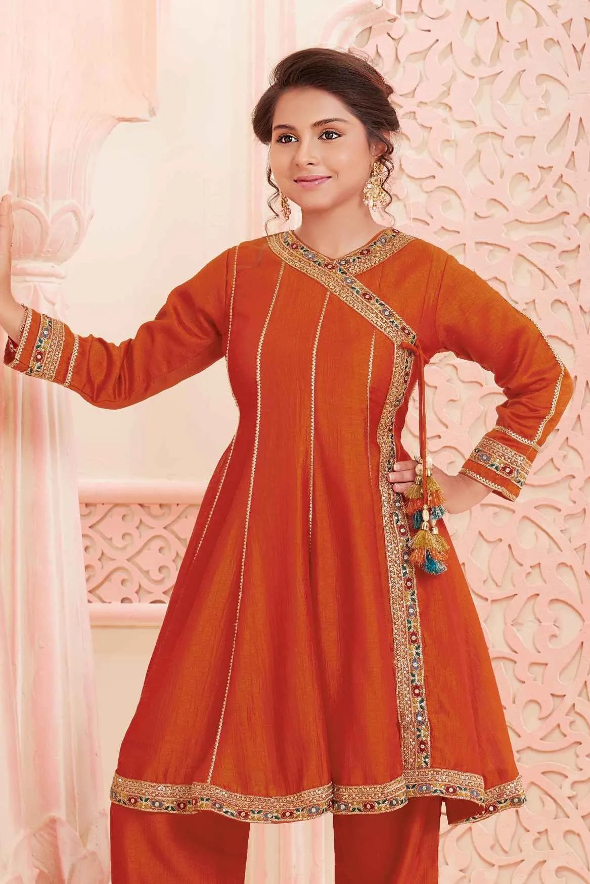 Orange Angrakha Kurti And Straight Pant Set For Girls