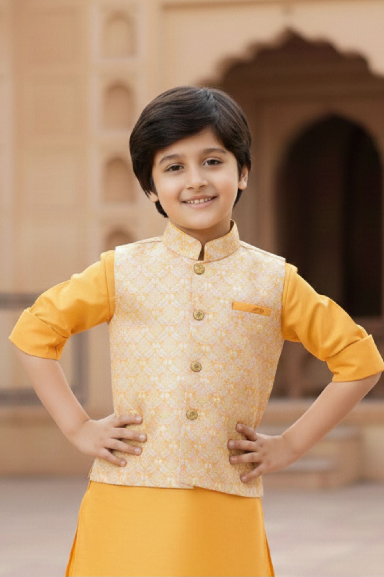 Yellow Kurta Set With Printed Bandi For Boys