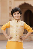 Yellow Kurta Set With Printed Bandi For Boys