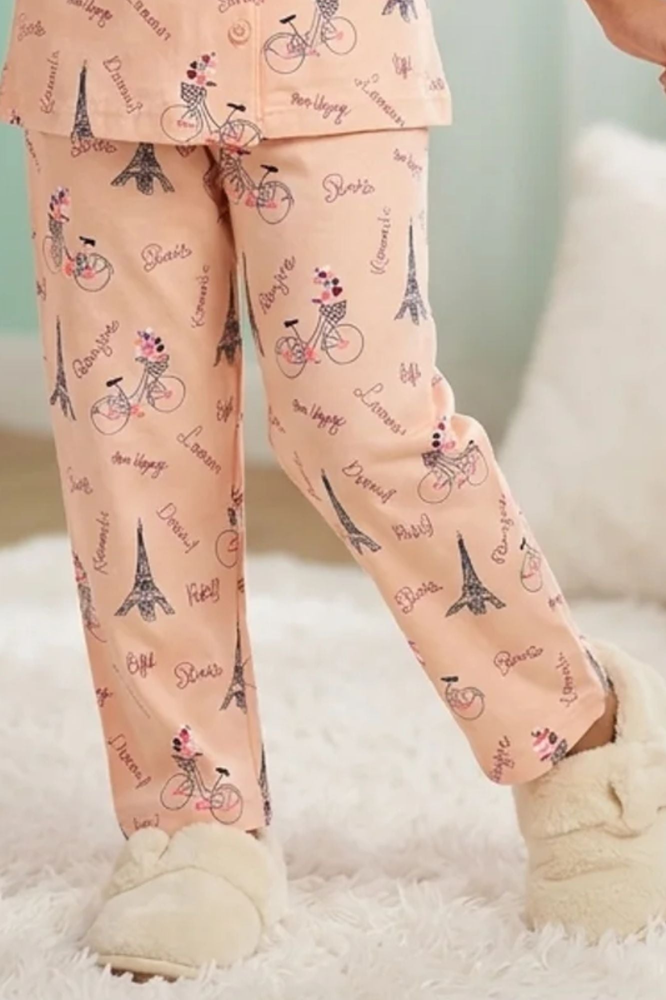 Girls Peach Paris Print  Night Suit Set