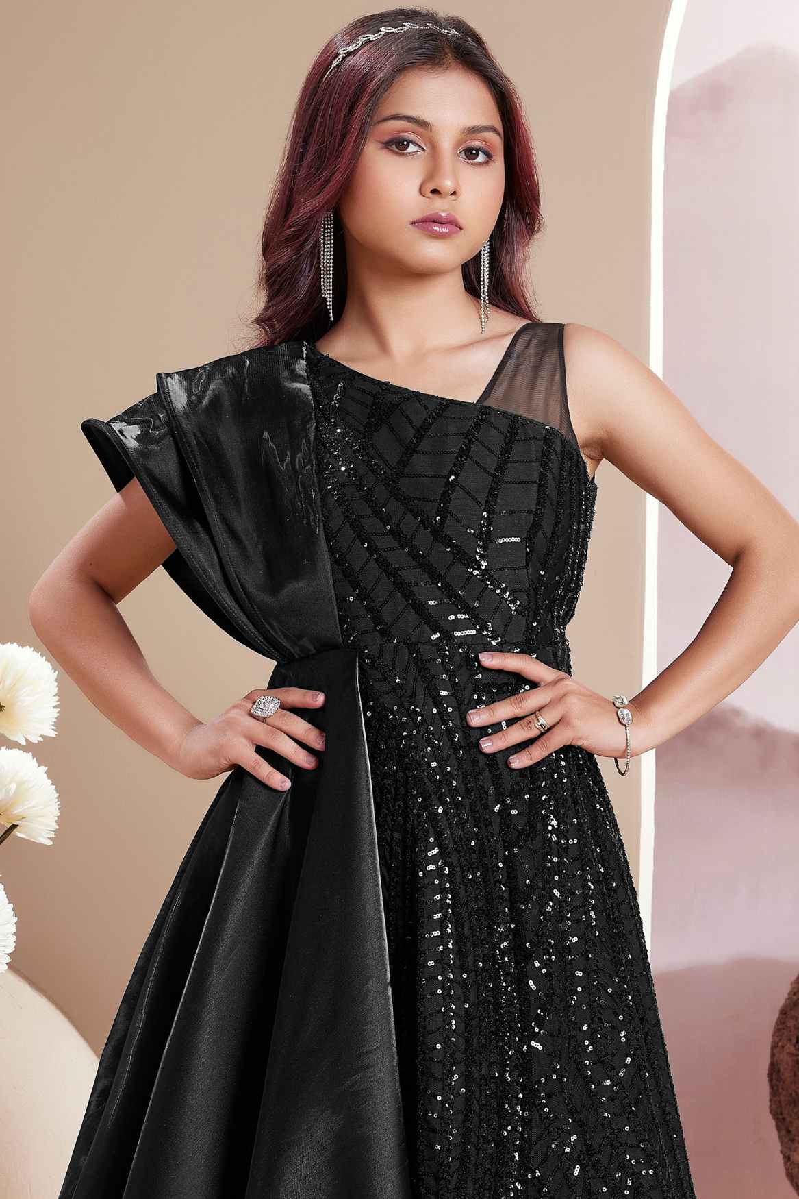 Designer Black Sequined Partywear Gown For Girls