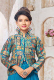 Teal Blue Printed Jacket Style Lehenga Set for Girls