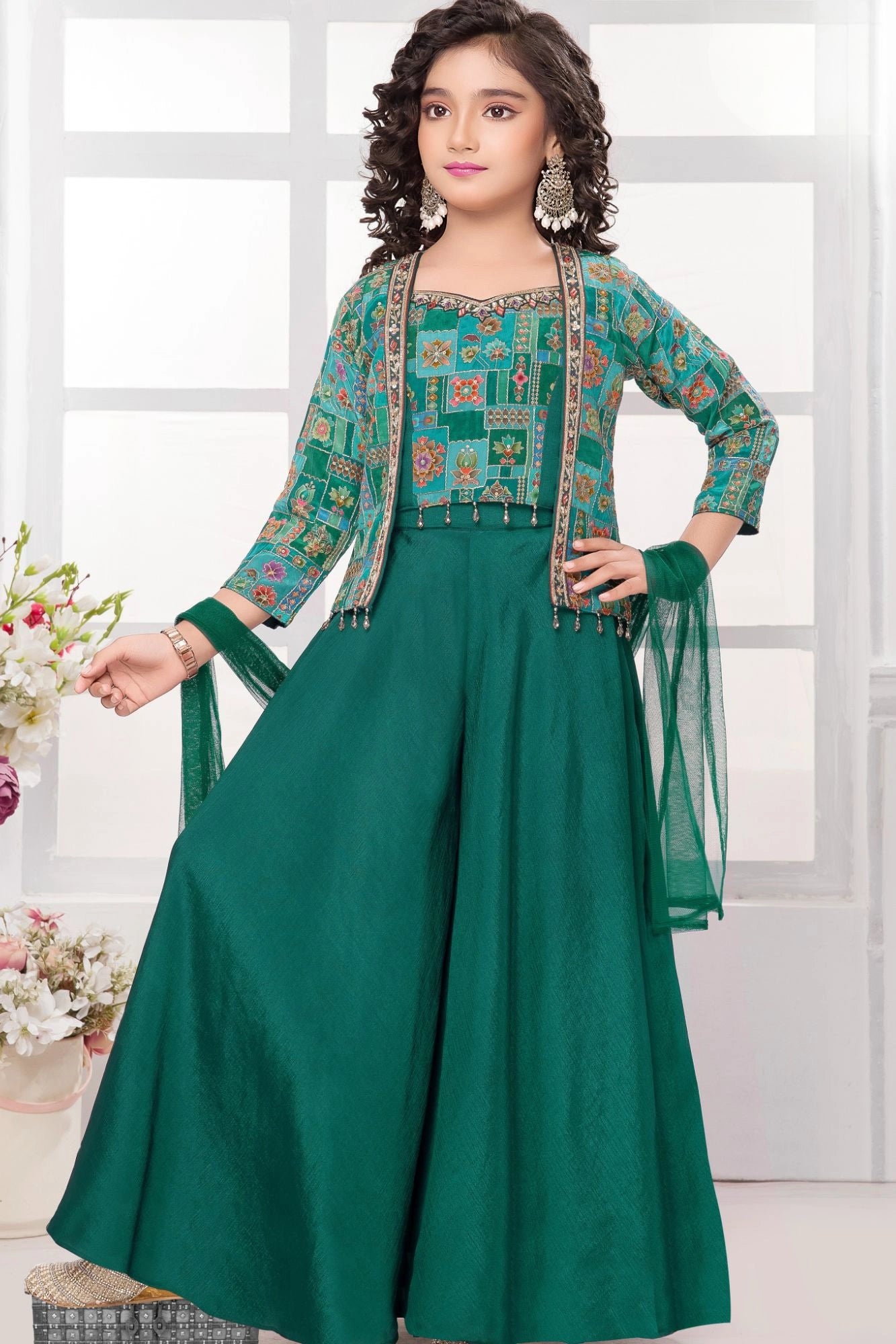 Teal Green Embellished Palazzo Set with Printed Jacket and Dupatta For Girls