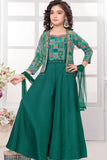 Teal Green Embellished Palazzo Set with Printed Jacket and Dupatta For Girls