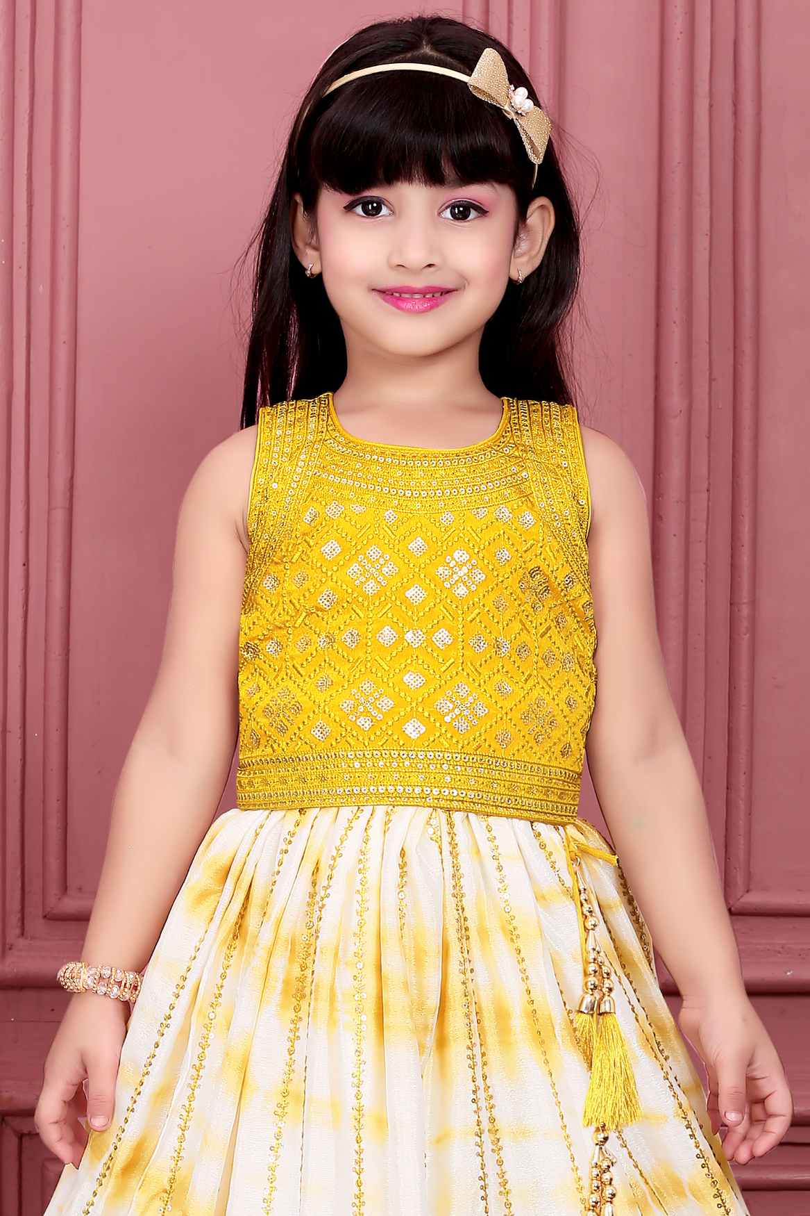 Yellow And White Lehenga Choli Set With Traditional Embroidery For Girls